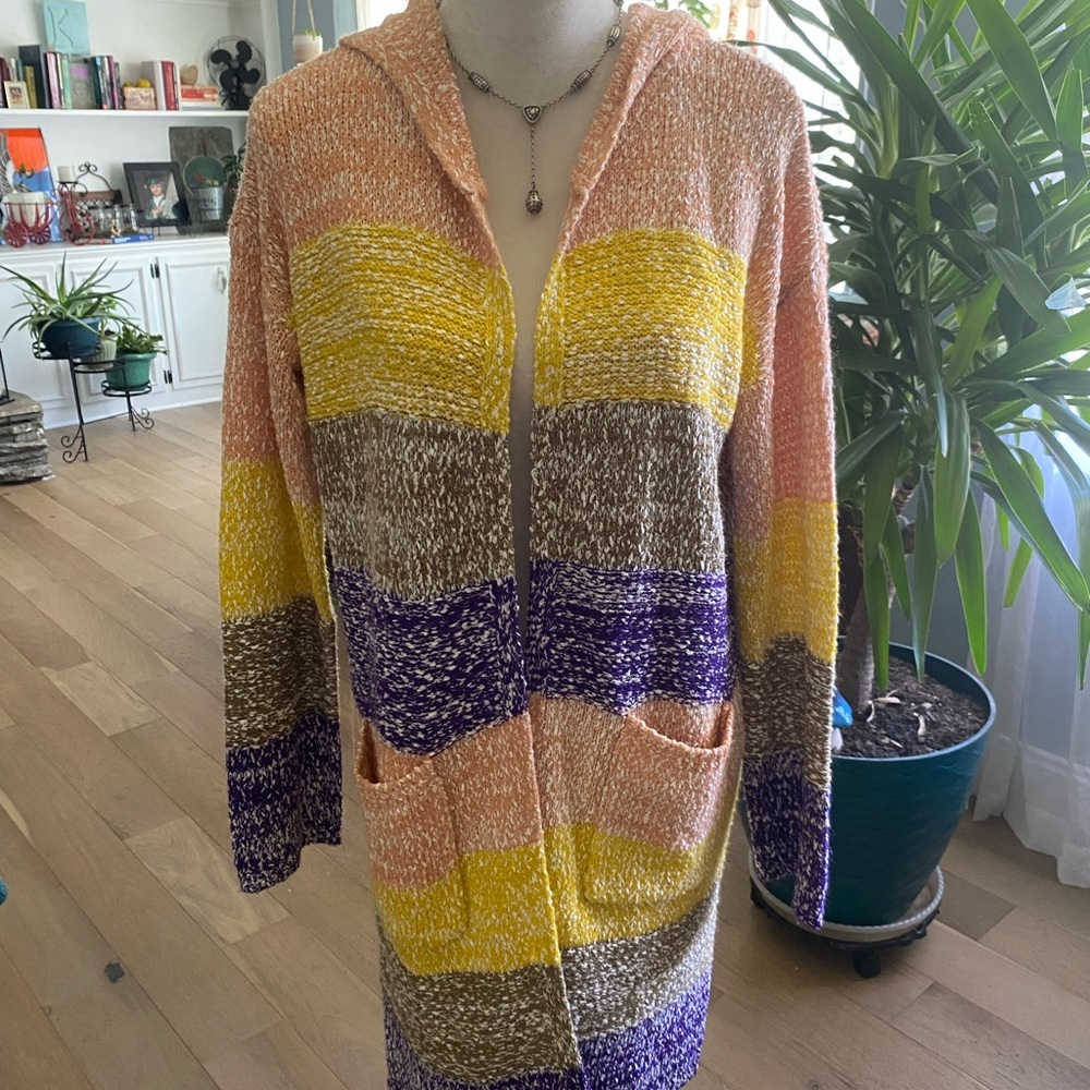 ColorBlock Knit Striped Hoodie Sweater Duster